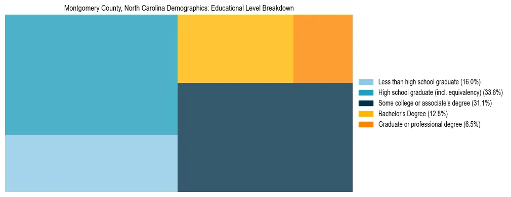 Treemap chart illustrating the educational attainment breakdown for population 25 years and over in Montgomery County, North Carolina.