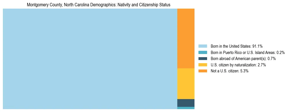 Treemap showing the population distribution by nativity and citizenship status in Montgomery County, North Carolina based on U.S. Census data.
