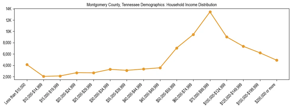 Horizontal bar chart showing household income distribution in Montgomery County, Tennessee.