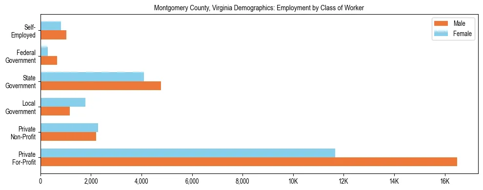 Horizontal bar chart showing employment distribution by class of worker and gender in Montgomery County, Virginia, based on 2023 ACS data.
