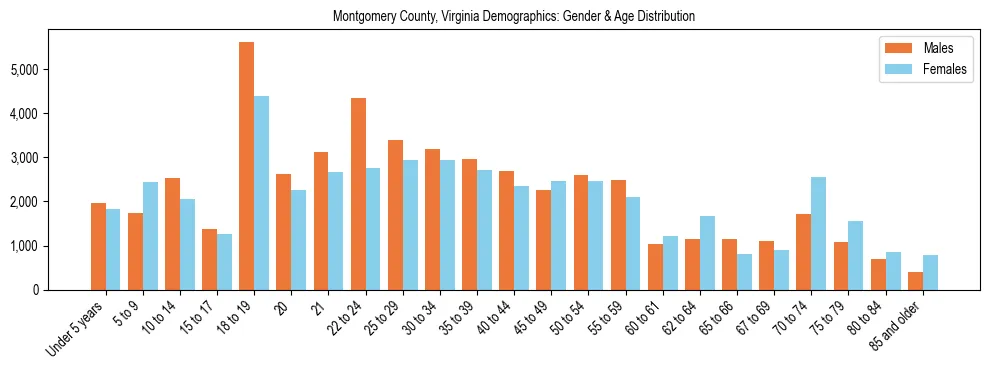 Bar chart showing the population distribution of Montgomery County, Virginia by age group and gender, based on 2023 ACS data.