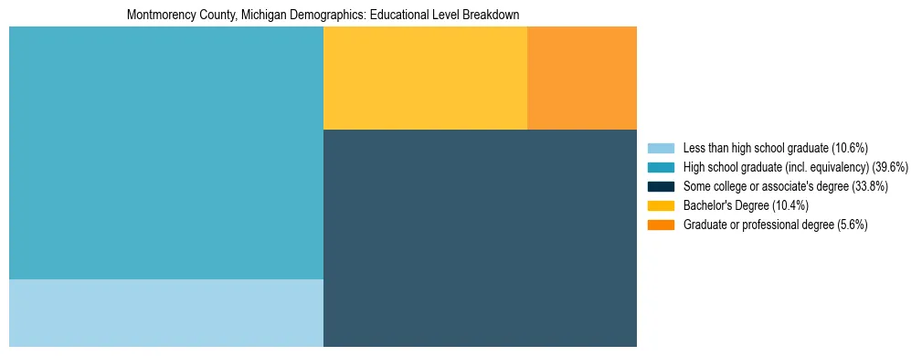 Treemap chart illustrating the educational attainment breakdown for population 25 years and over in Montmorency County, Michigan.