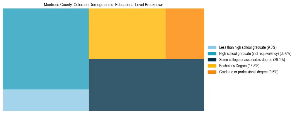 Treemap chart illustrating the educational attainment breakdown for population 25 years and over in Montrose County, Colorado.