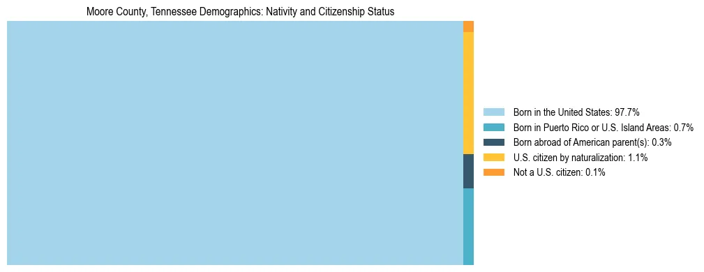 Treemap showing the population distribution by nativity and citizenship status in Moore County, Tennessee based on U.S. Census data.