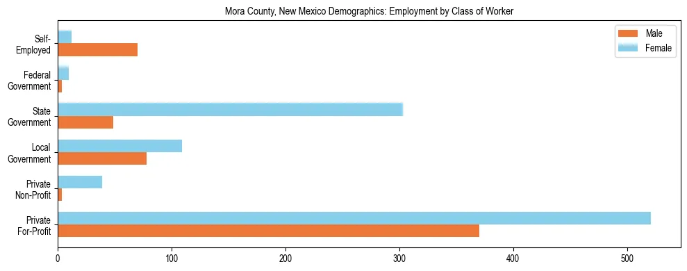 Horizontal bar chart showing employment distribution by class of worker and gender in Mora County, New Mexico, based on 2023 ACS data.