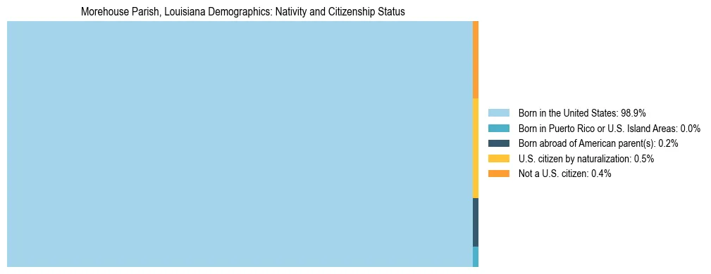 Treemap showing the population distribution by nativity and citizenship status in Morehouse Parish, Louisiana based on U.S. Census data.