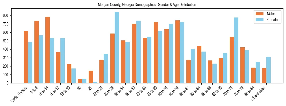 Bar chart showing the population distribution of Morgan County, Georgia by age group and gender, based on 2023 ACS data.