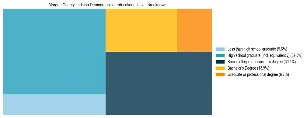 Treemap chart illustrating the educational attainment breakdown for population 25 years and over in Morgan County, Indiana.