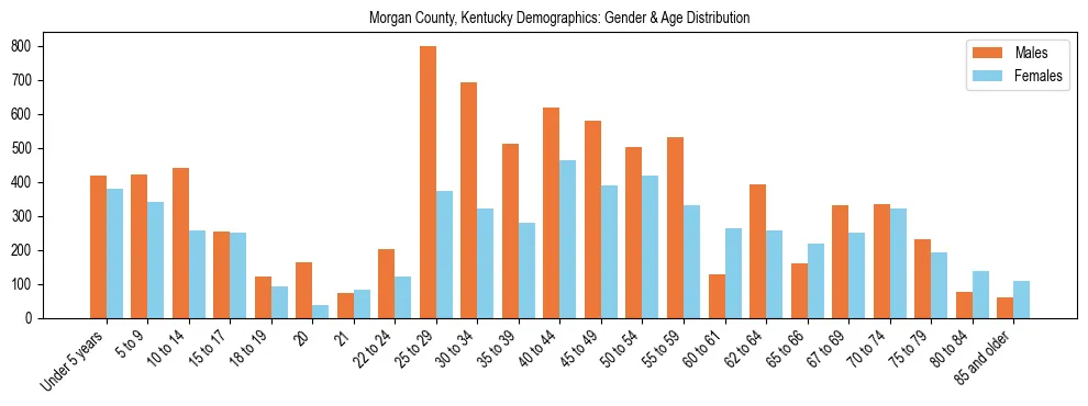 Bar chart showing the population distribution of Morgan County, Kentucky by age group and gender, based on 2023 ACS data.