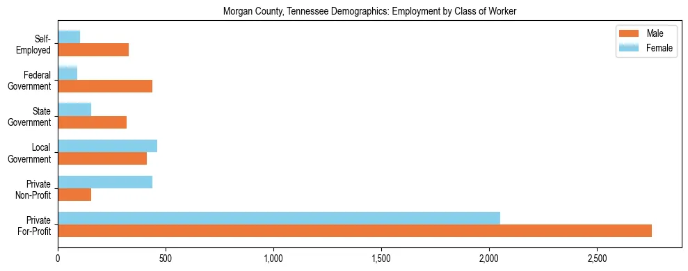 Horizontal bar chart showing employment distribution by class of worker and gender in Morgan County, Tennessee, based on 2023 ACS data.