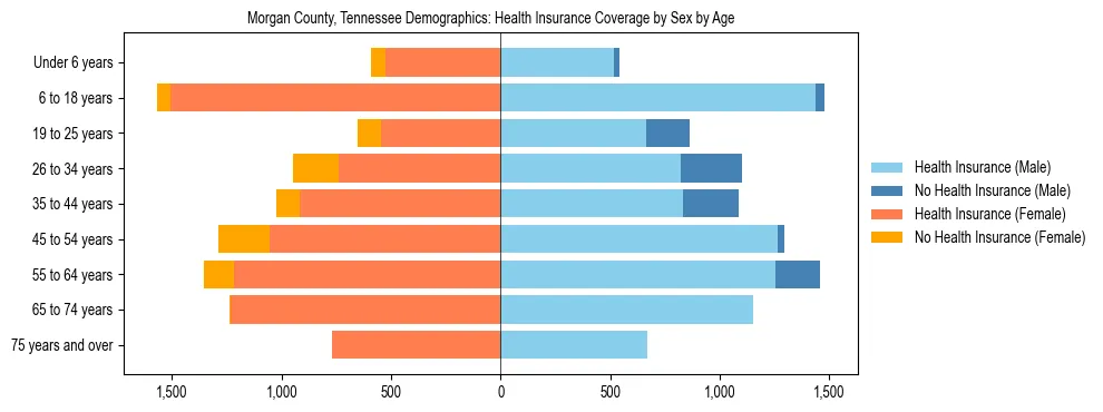 Pyramid chart showing health insurance coverage by age and sex in Morgan County, Tennessee.