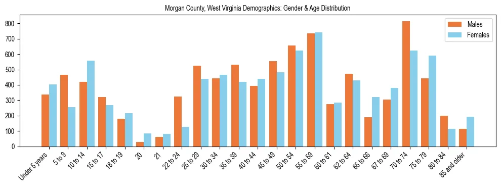 Bar chart showing the population distribution of Morgan County, West Virginia by age group and gender, based on 2023 ACS data.