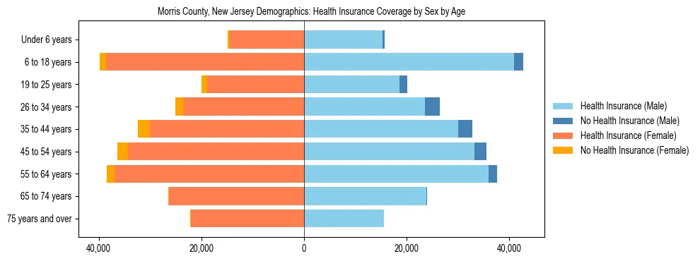 Pyramid chart showing health insurance coverage by age and sex in Morris County, New Jersey.