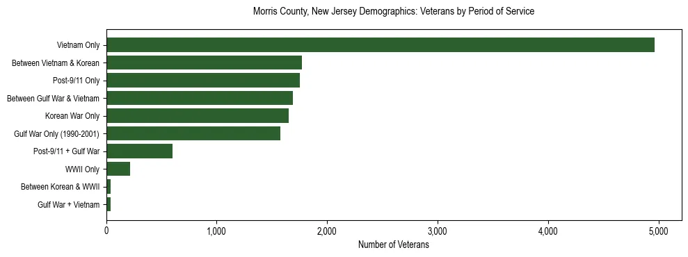 Horizontal bar chart showing veteran distribution by period of military service in Morris County, New Jersey, based on 2023 ACS data.