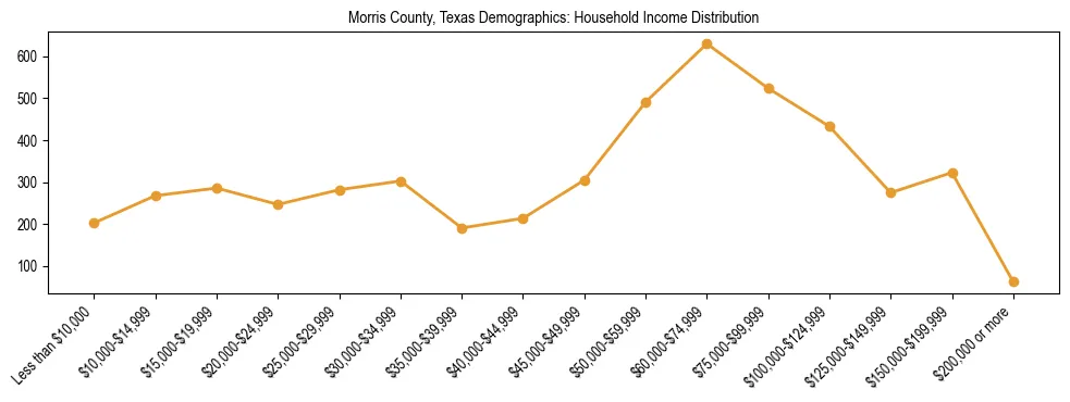 Horizontal bar chart showing household income distribution in Morris County, Texas.