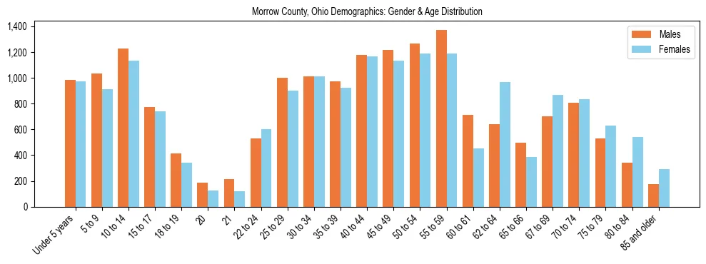 Bar chart showing the population distribution of Morrow County, Ohio by age group and gender, based on 2023 ACS data.