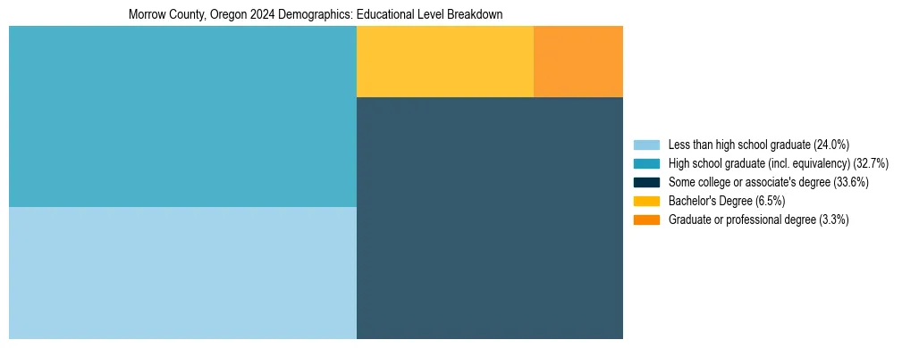 Treemap chart illustrating the educational attainment breakdown for population 25 years and over in Morrow County, Oregon.