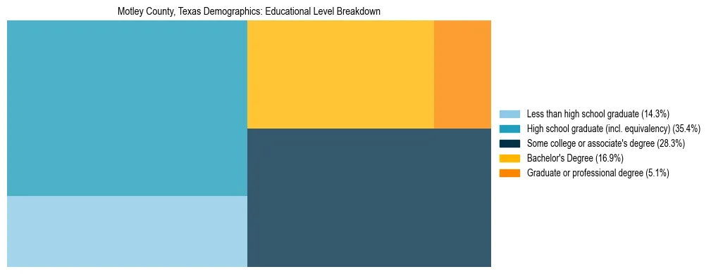 Treemap chart illustrating the educational attainment breakdown for population 25 years and over in Motley County, Texas.