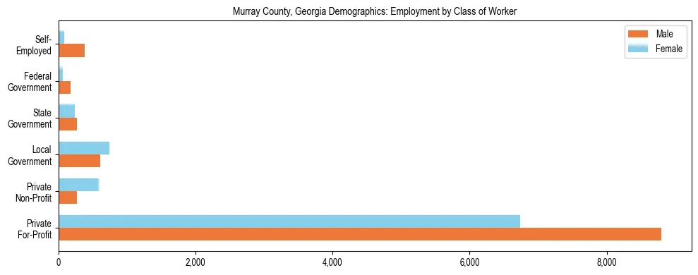 Horizontal bar chart showing employment distribution by class of worker and gender in Murray County, Georgia, based on 2023 ACS data.