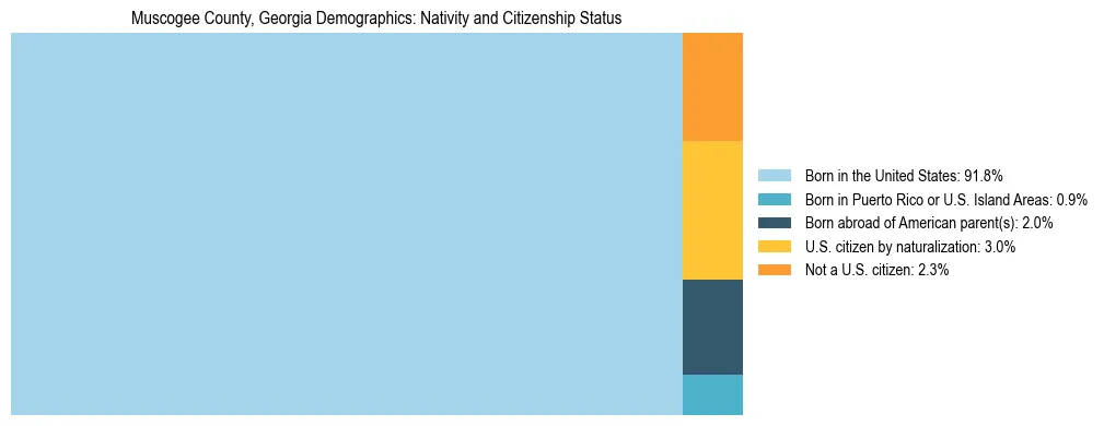 Treemap showing the population distribution by nativity and citizenship status in Muscogee County, Georgia based on U.S. Census data.