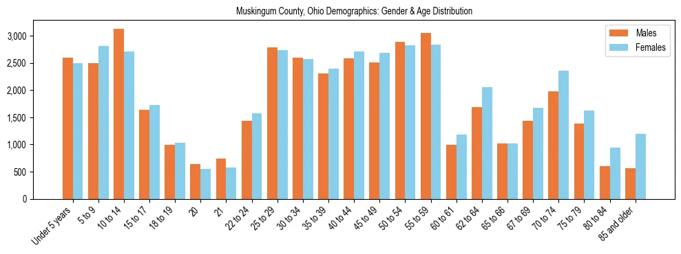 Bar chart showing the population distribution of Muskingum County, Ohio by age group and gender, based on 2023 ACS data.