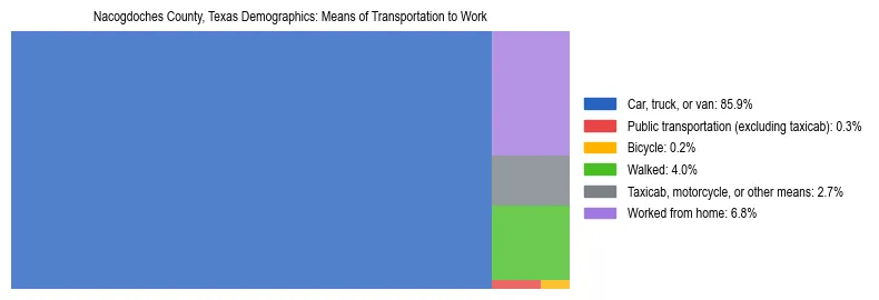 Treemap showing means of transportation to work distribution in Nacogdoches County, Texas.