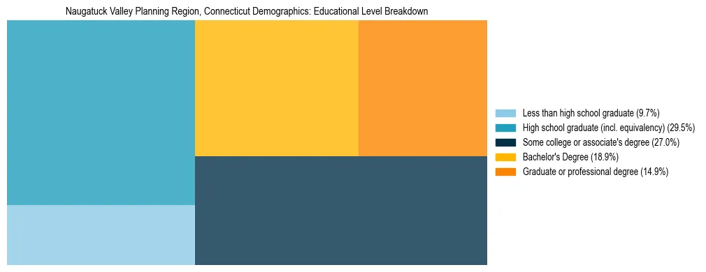 Treemap chart illustrating the educational attainment breakdown for population 25 years and over in Naugatuck Valley Planning Region, Connecticut.