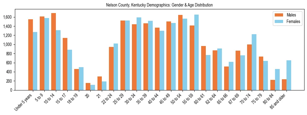 Bar chart showing the population distribution of Nelson County, Kentucky by age group and gender, based on 2023 ACS data.