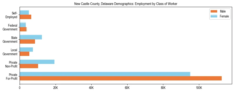 Horizontal bar chart showing employment distribution by class of worker and gender in New Castle County, Delaware, based on 2023 ACS data.