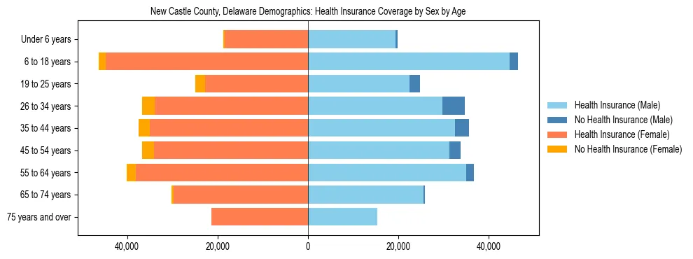 Pyramid chart showing health insurance coverage by age and sex in New Castle County, Delaware.