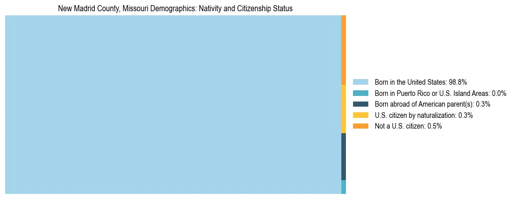 Treemap showing the population distribution by nativity and citizenship status in New Madrid County, Missouri based on U.S. Census data.