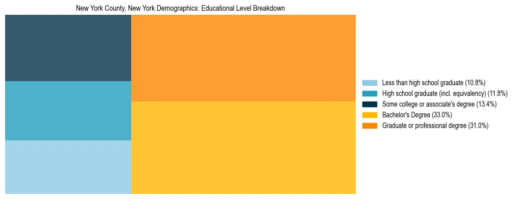 Treemap chart illustrating the educational attainment breakdown for population 25 years and over in New York County, New York.