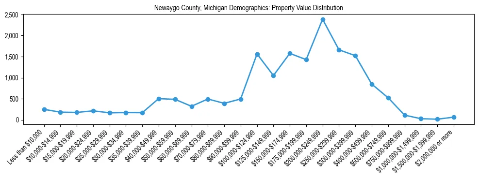 Line chart showing the distribution of property values for owner-occupied housing units in Newaygo County, Michigan.