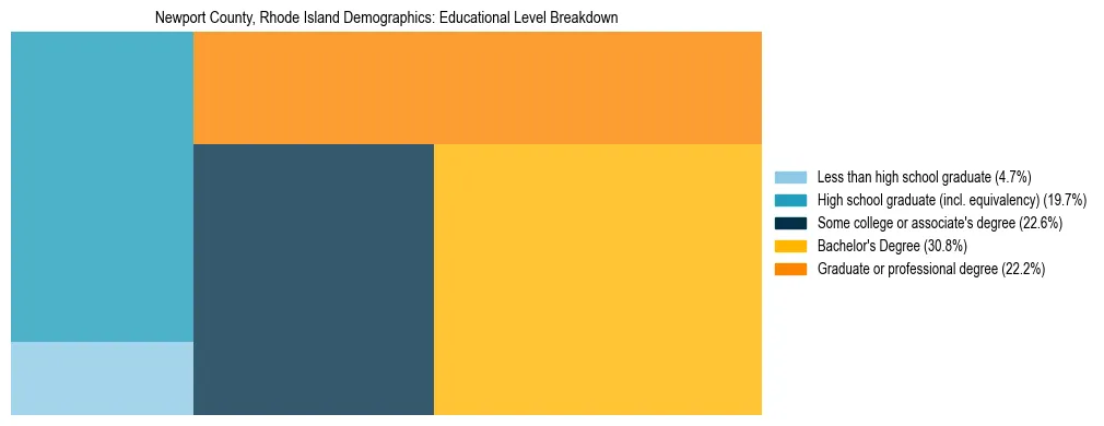 Treemap chart illustrating the educational attainment breakdown for population 25 years and over in Newport County, Rhode Island.