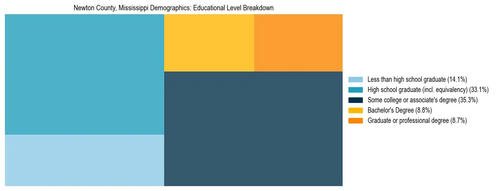 Treemap chart illustrating the educational attainment breakdown for population 25 years and over in Newton County, Mississippi.
