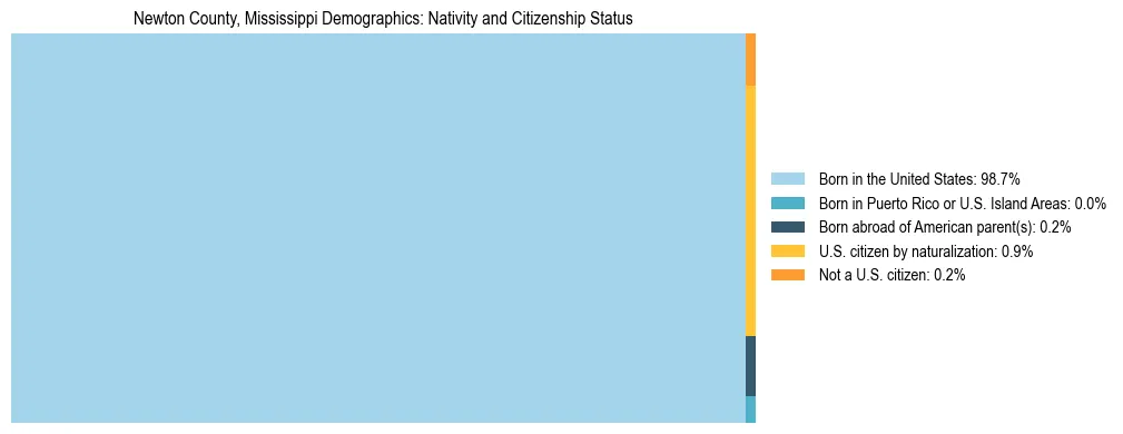 Treemap showing the population distribution by nativity and citizenship status in Newton County, Mississippi based on U.S. Census data.