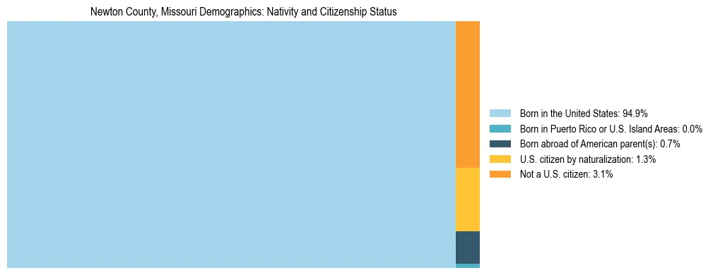 Treemap showing the population distribution by nativity and citizenship status in Newton County, Missouri based on U.S. Census data.