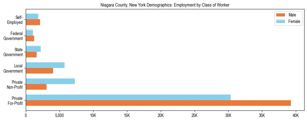 Horizontal bar chart showing employment distribution by class of worker and gender in Niagara County, New York, based on 2023 ACS data.