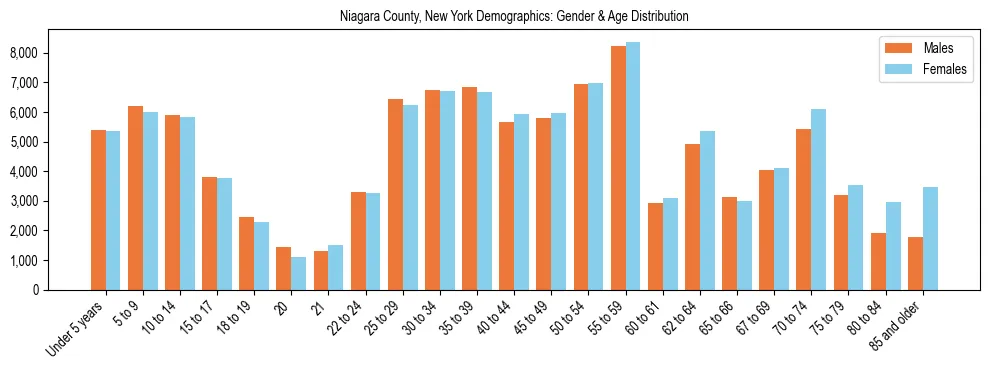 Bar chart showing the population distribution of Niagara County, New York by age group and gender, based on 2023 ACS data.