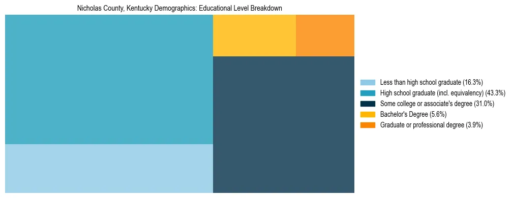 Treemap chart illustrating the educational attainment breakdown for population 25 years and over in Nicholas County, Kentucky.