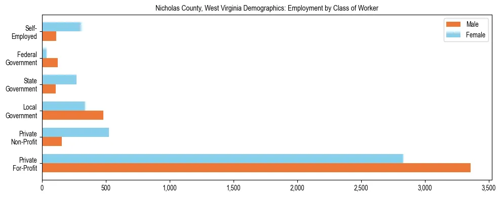 Horizontal bar chart showing employment distribution by class of worker and gender in Nicholas County, West Virginia, based on 2023 ACS data.