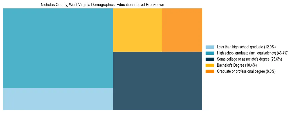 Treemap chart illustrating the educational attainment breakdown for population 25 years and over in Nicholas County, West Virginia.