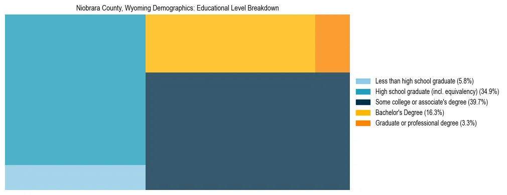 Treemap chart illustrating the educational attainment breakdown for population 25 years and over in Niobrara County, Wyoming.
