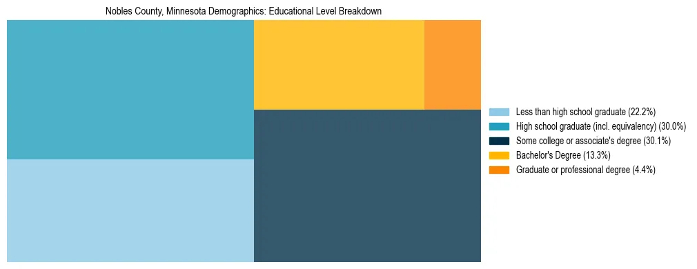 Treemap chart illustrating the educational attainment breakdown for population 25 years and over in Nobles County, Minnesota.