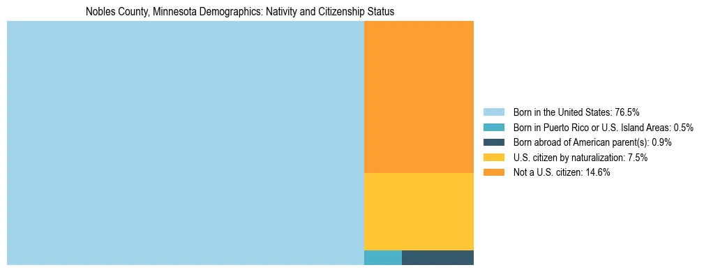 Treemap showing the population distribution by nativity and citizenship status in Nobles County, Minnesota based on U.S. Census data.