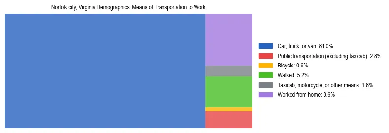 Treemap showing means of transportation to work distribution in Norfolk city, Virginia.