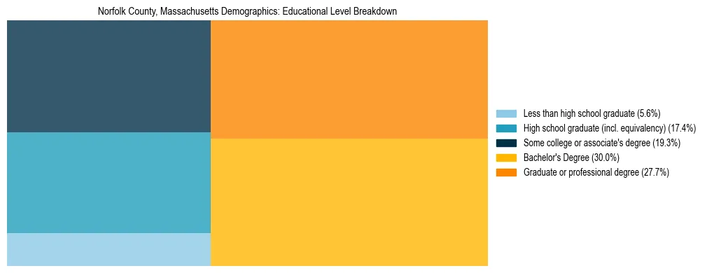 Treemap chart illustrating the educational attainment breakdown for population 25 years and over in Norfolk County, Massachusetts.
