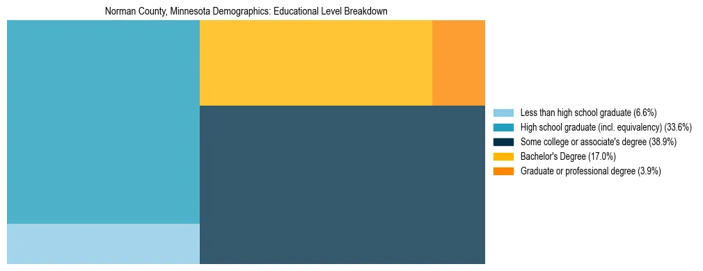 Treemap chart illustrating the educational attainment breakdown for population 25 years and over in Norman County, Minnesota.