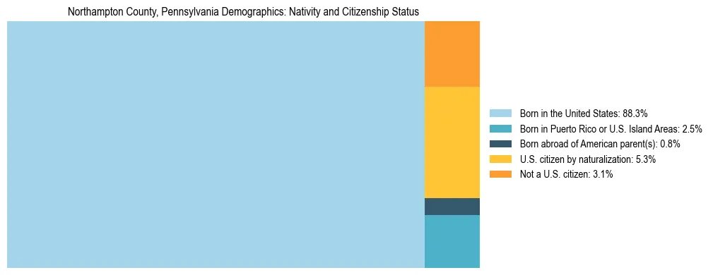 Treemap showing the population distribution by nativity and citizenship status in Northampton County, Pennsylvania based on U.S. Census data.