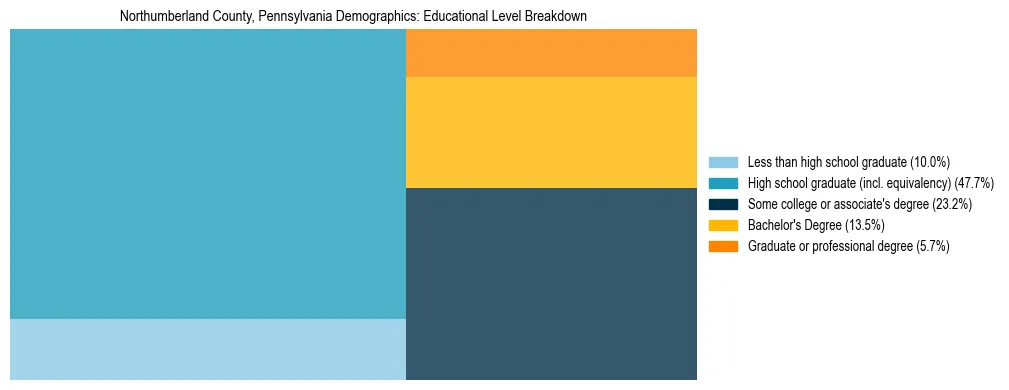 Treemap chart illustrating the educational attainment breakdown for population 25 years and over in Northumberland County, Pennsylvania.
